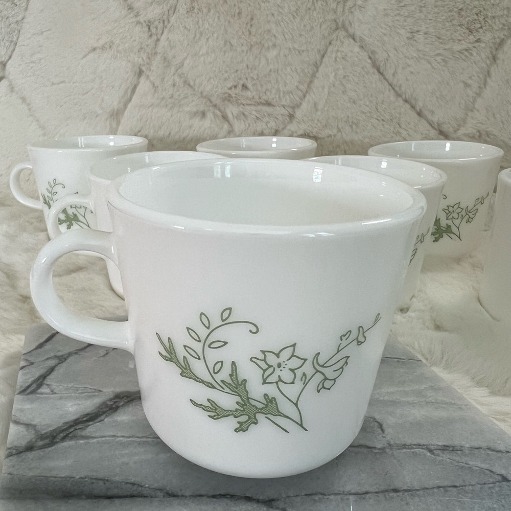 Vintage Corelle Floral Spray Sage Green Coffee Mugs Set of 7 Corning